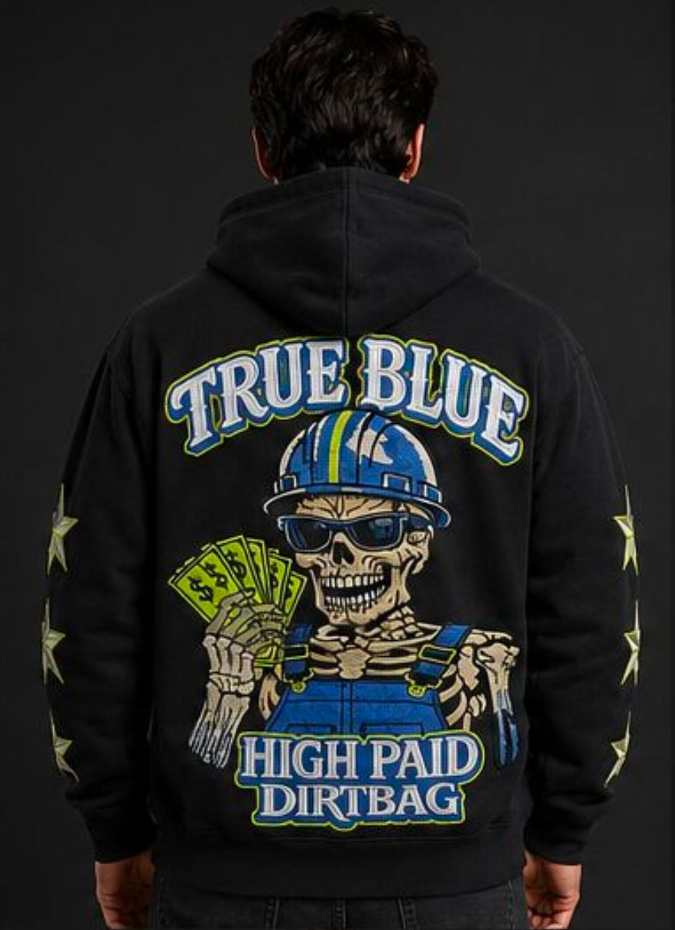 TRUE BLUE "HIGH PAID DIRTBAG" PATCHED ZIP UP HOODIE