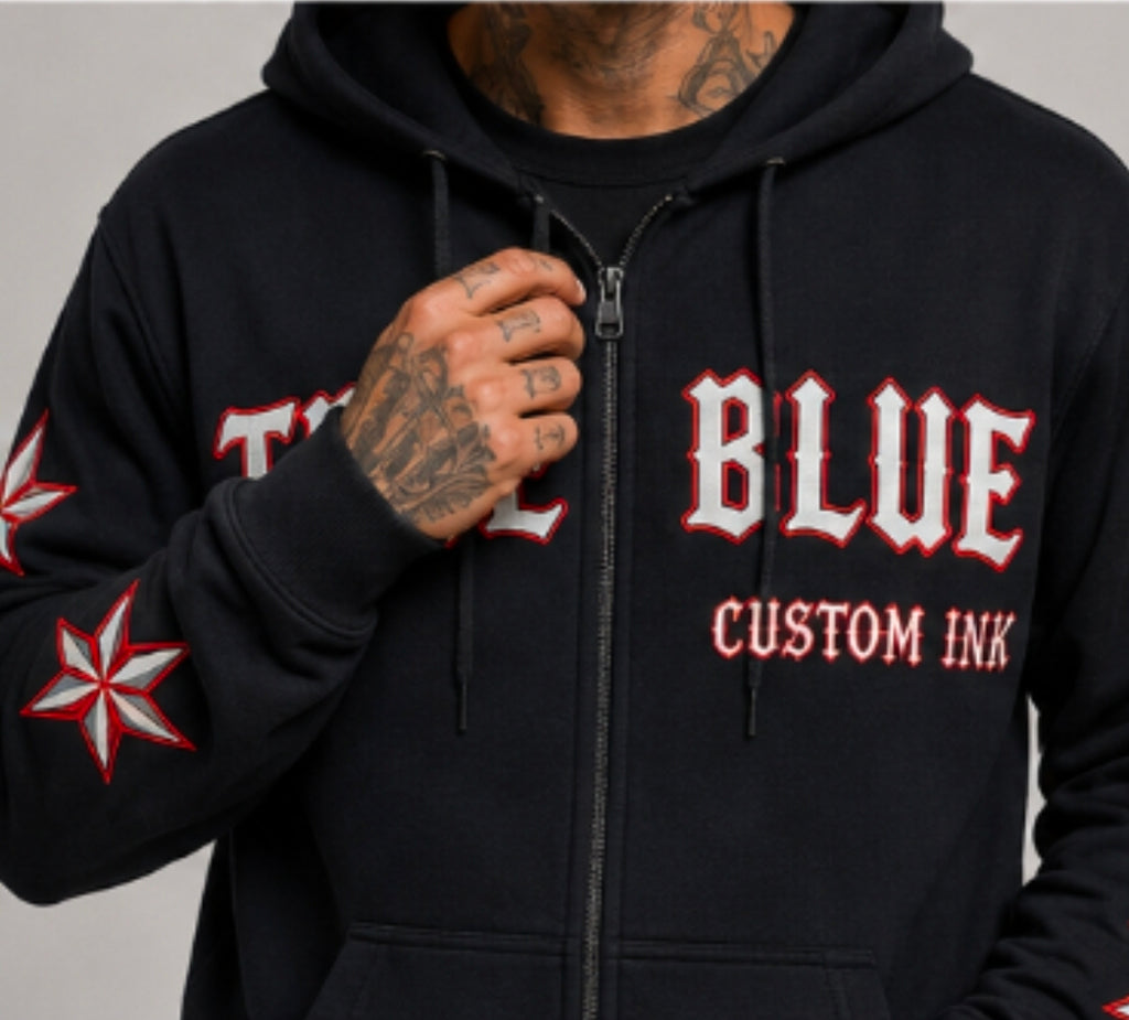 TRUE BLUE "NO FLUX GIVEN" PATCHED ZIP UP HOODIE