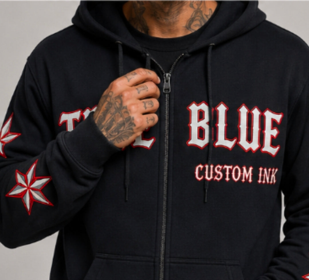TRUE BLUE "NO FLUX GIVEN" PATCHED ZIP UP HOODIE