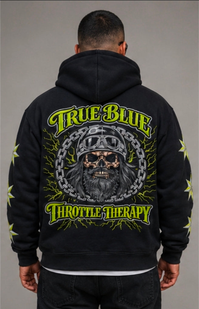TRUE BLUE "THROTTLE THERAPY" PATCHED ZIP UP HOODIE
