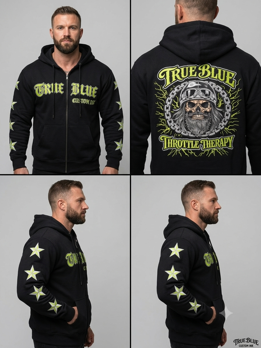 TRUE BLUE "THROTTLE THERAPY" PATCHED ZIP UP HOODIE