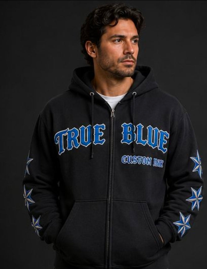 TRUE BLUE "THIS IS NOT A DRILL" PATCHED ZIP UP HOODIE