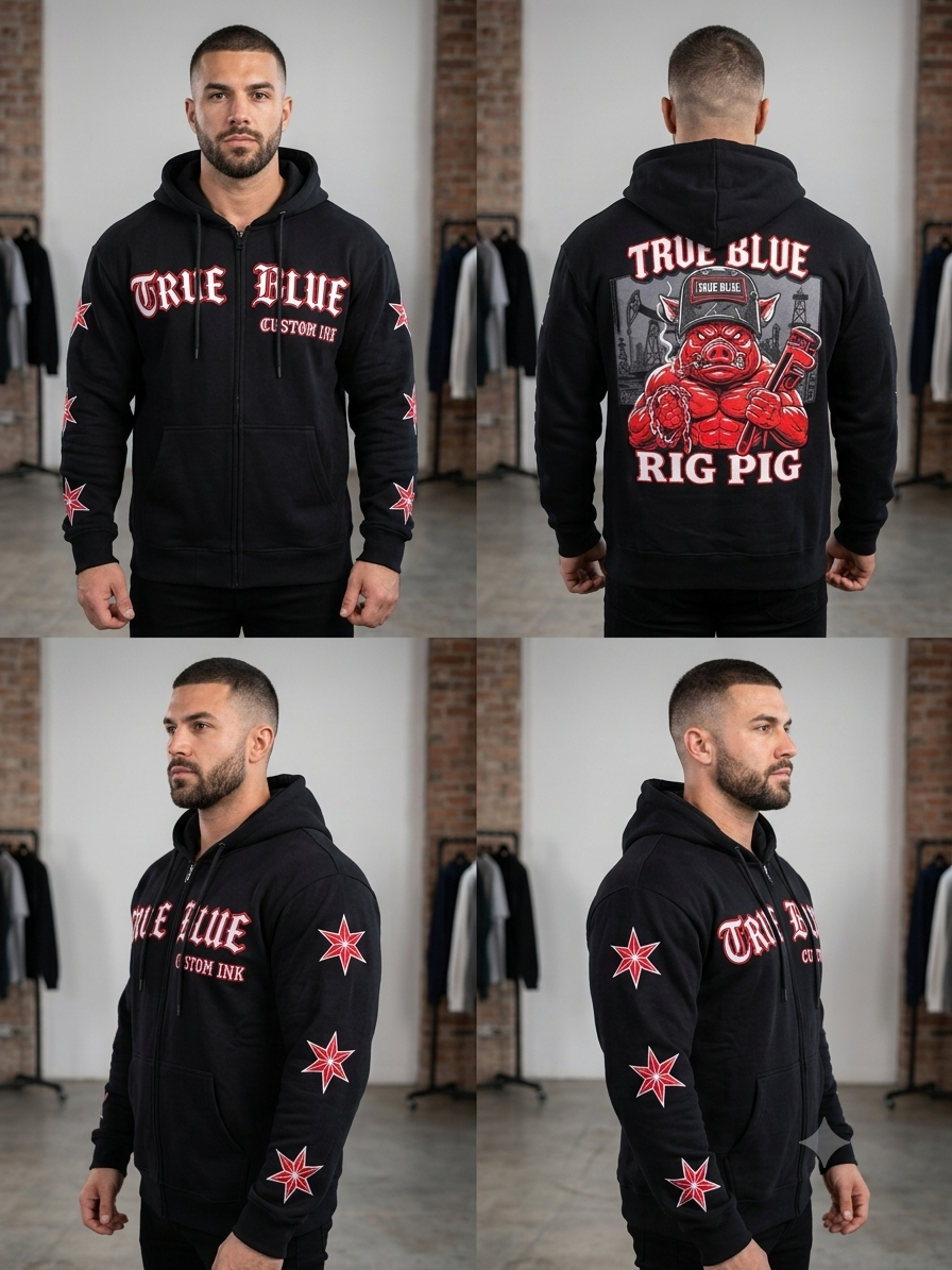 TRUE BLUE "RIG PIG" PATCHED ZIP UP HOODIE