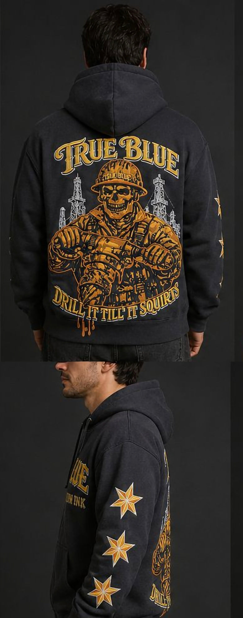 TRUE BLUE "DRILL IT TILL IT SQUIRTS" PATCHED ZIP UP HOODIE