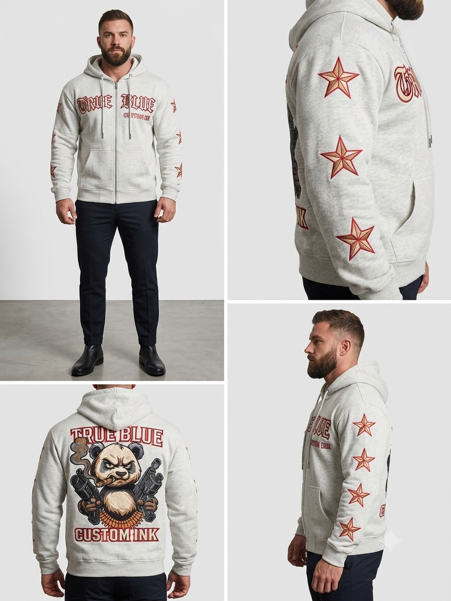 TRUE BLUE "RAMBO PANDA" PATCHED ZIP UP HOODIE