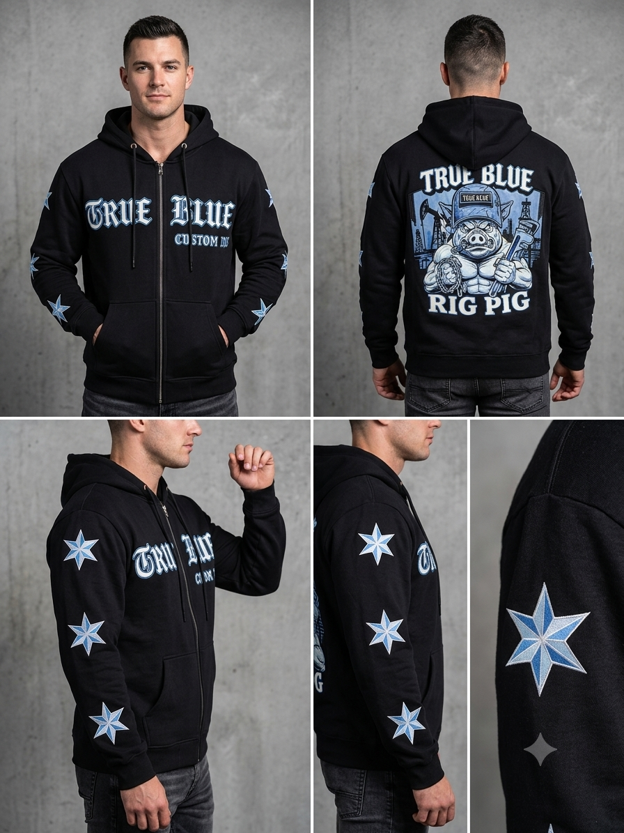 TRUE BLUE "RIG PIG" PATCHED ZIP UP HOODIE