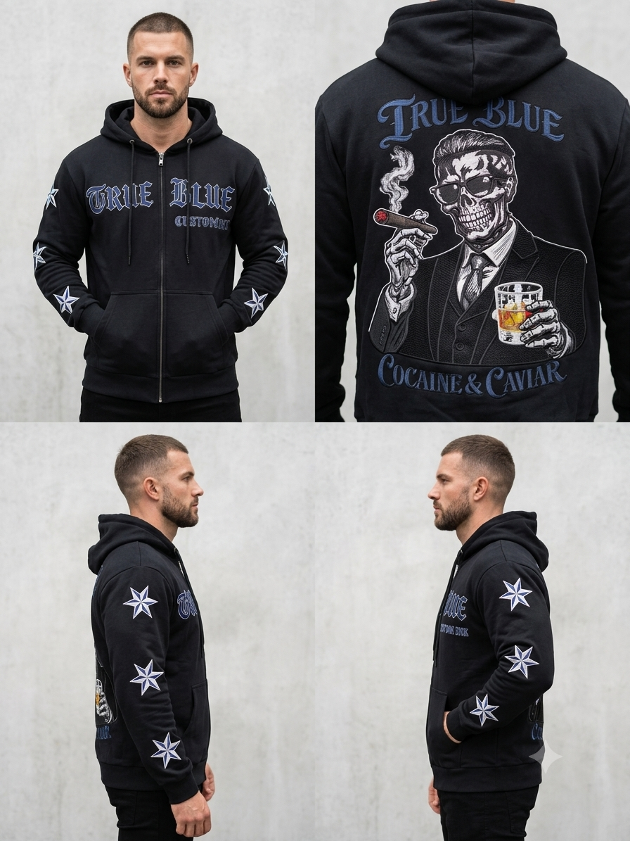 TRUE BLUE "COKE & CAV" PATCHED ZIP UP HOODIE