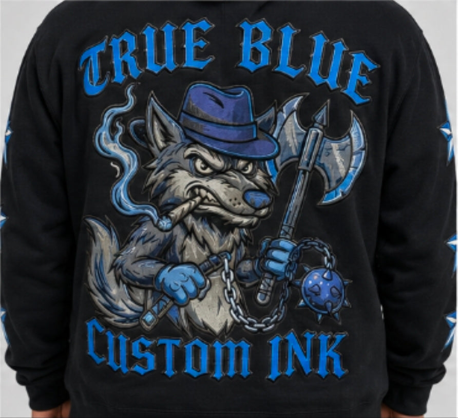 TRUE BLUE "LONE WOLF" PATCHED ZIP UP HOODIE