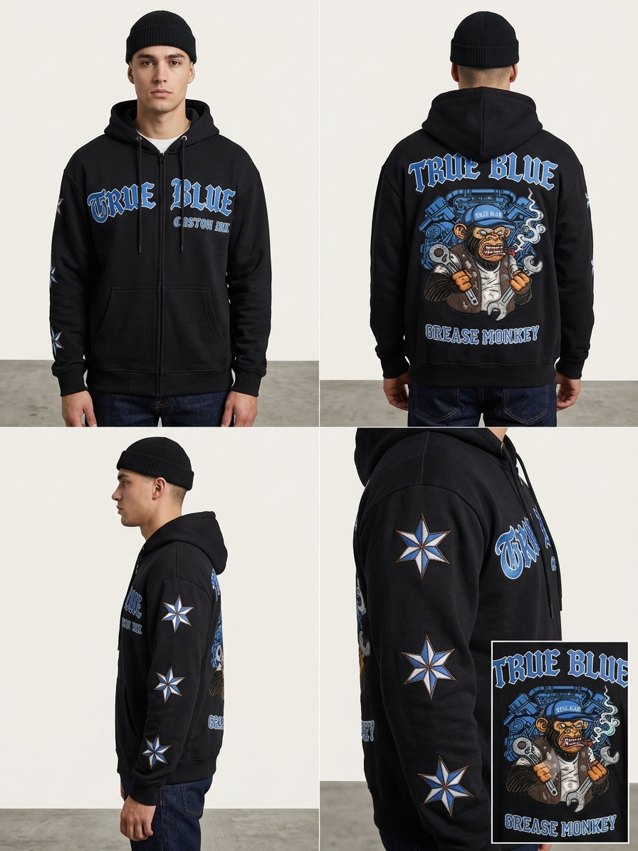 TRUE BLUE "GREASE MONKEY" PATCHED ZIP UP HOODIE