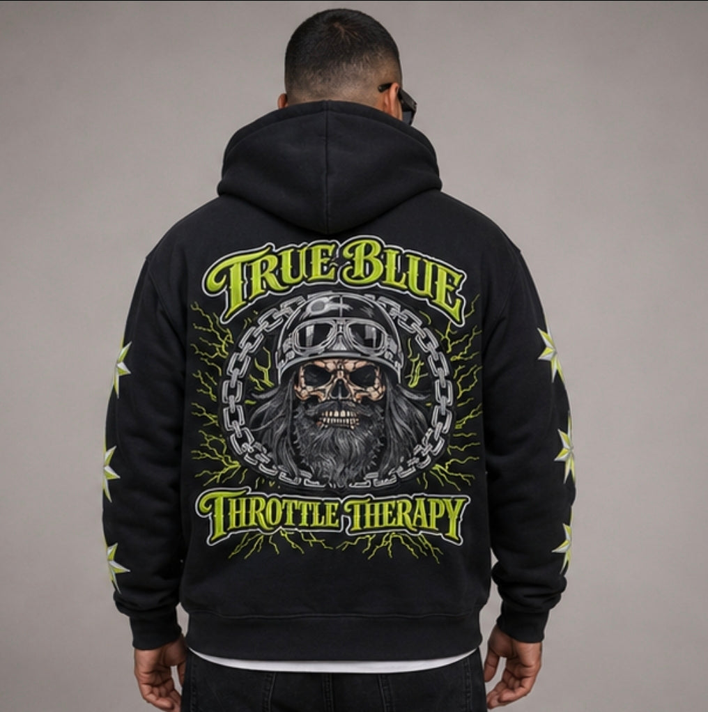 TRUE BLUE "THROTTLE THERAPY" PATCHED ZIP UP HOODIE