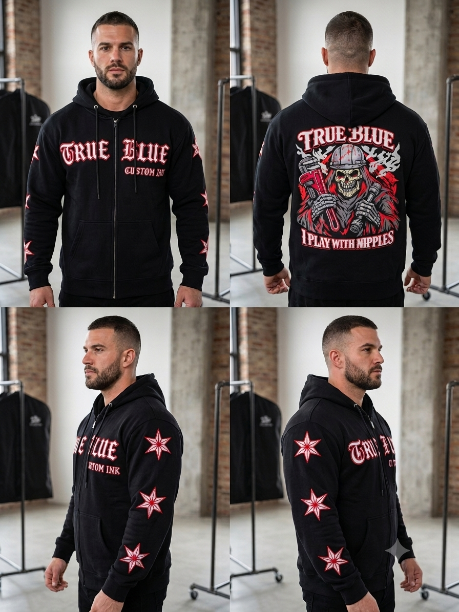 TRUE BLUE "I PLAY WITH NIPPLES" PATCHED ZIP UP HOODIE
