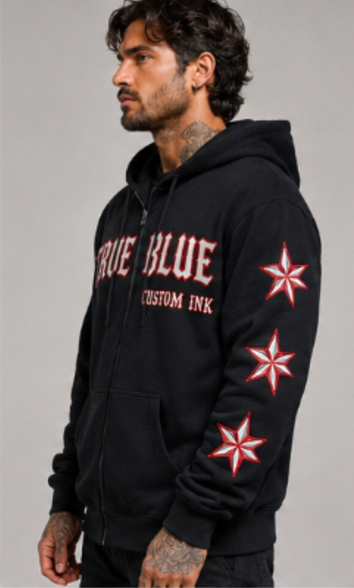 TRUE BLUE "NO FLUX GIVEN" PATCHED ZIP UP HOODIE