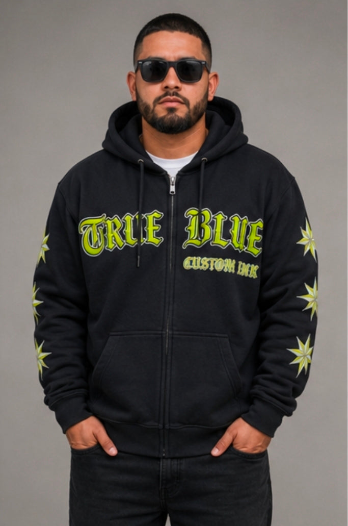 TRUE BLUE "THROTTLE THERAPY" PATCHED ZIP UP HOODIE