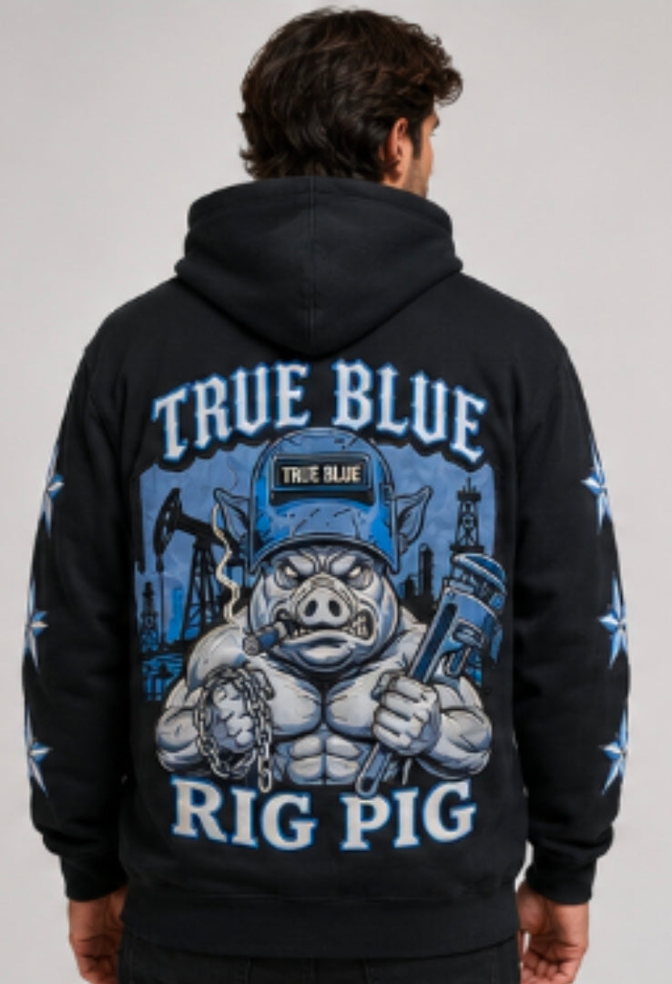 TRUE BLUE "RIG PIG" PATCHED ZIP UP HOODIE