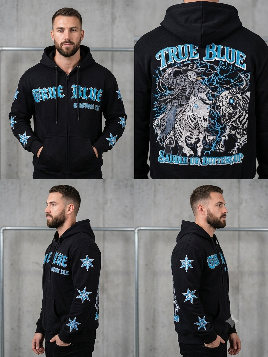 TRUE BLUE "SADDLE IP, BUTTERCUP" PATCHED ZIP UP HOODIE