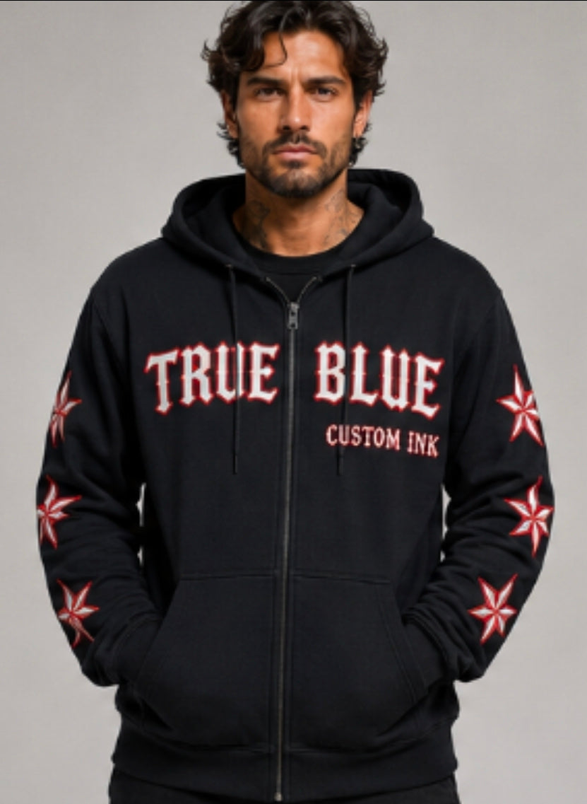 TRUE BLUE "NO FLUX GIVEN" PATCHED ZIP UP HOODIE