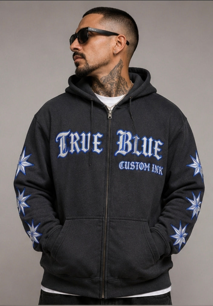 TRUE BLUE "COLDER THAN A WRENCH" PATCHED ZIP UP HOODIE