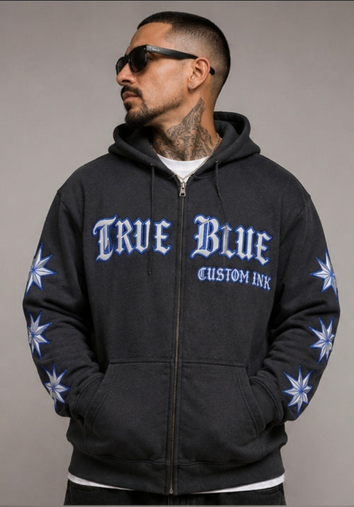 TRUE BLUE "COLDER THAN A WRENCH" PATCHED ZIP UP HOODIE