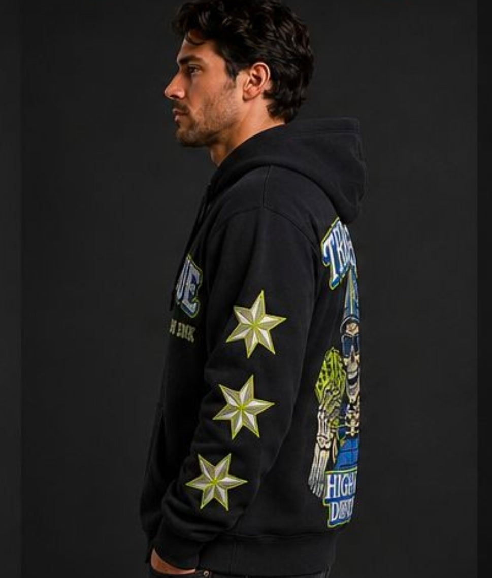 TRUE BLUE "HIGH PAID DIRTBAG" PATCHED ZIP UP HOODIE