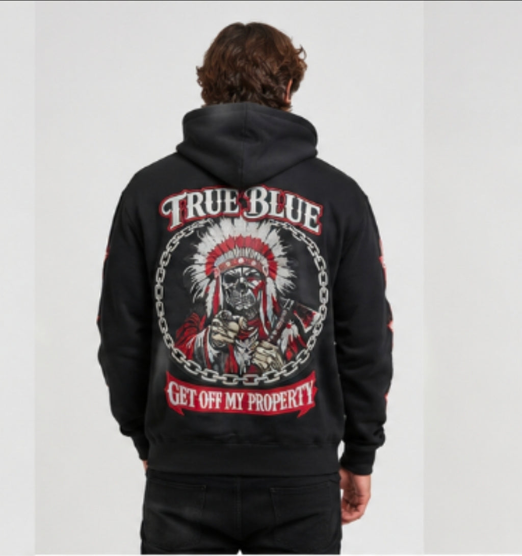 TRUE BLUE "OFF MY PROPERTY" PATCHED ZIP UP HOODIE