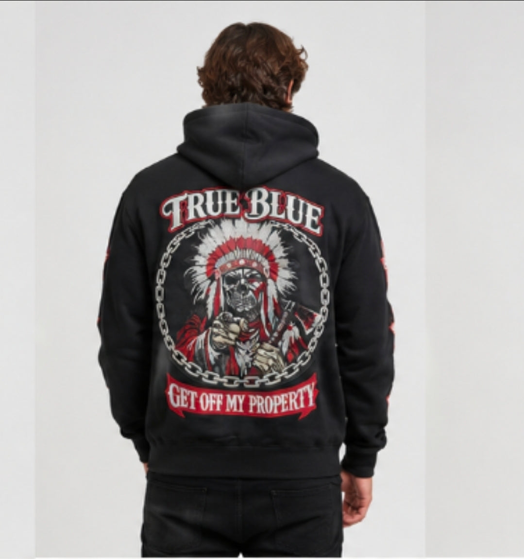 TRUE BLUE "OFF MY PROPERTY" PATCHED ZIP UP HOODIE