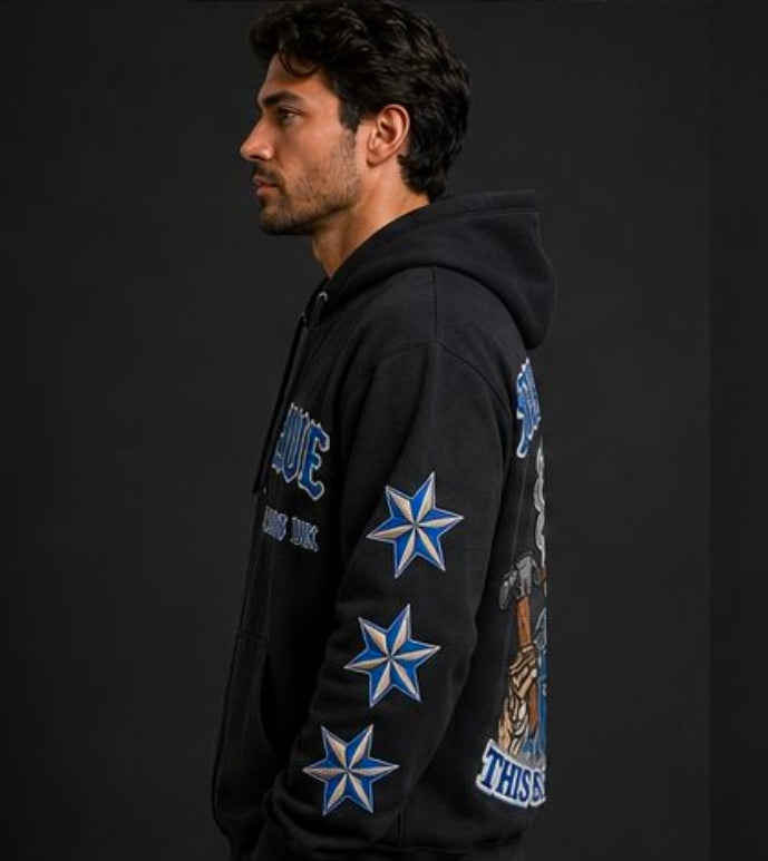 TRUE BLUE "THIS IS NOT A DRILL" PATCHED ZIP UP HOODIE
