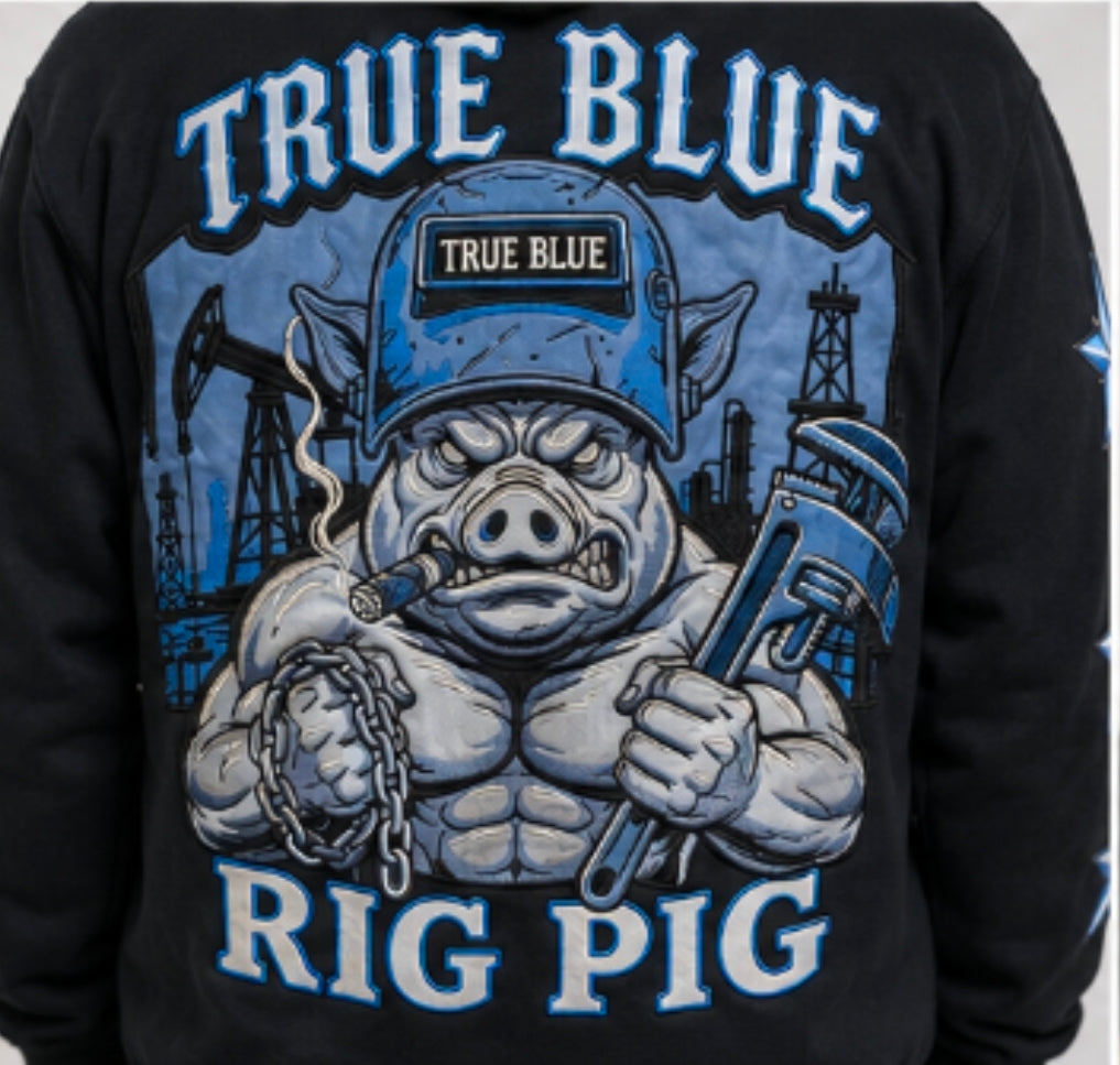TRUE BLUE "RIG PIG" PATCHED ZIP UP HOODIE