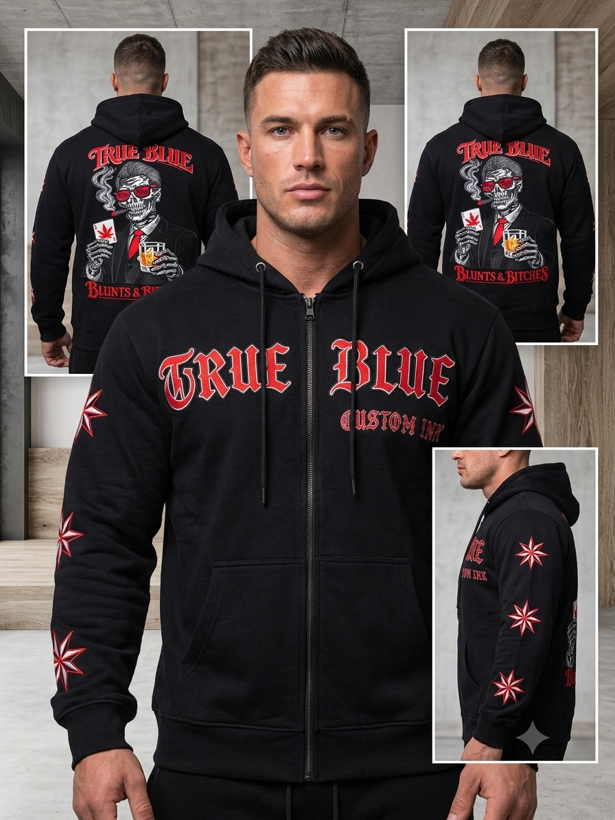 TRUE BLUE "BLUNTS & BITCHE$" PATCHED ZIP UP HOODIE
