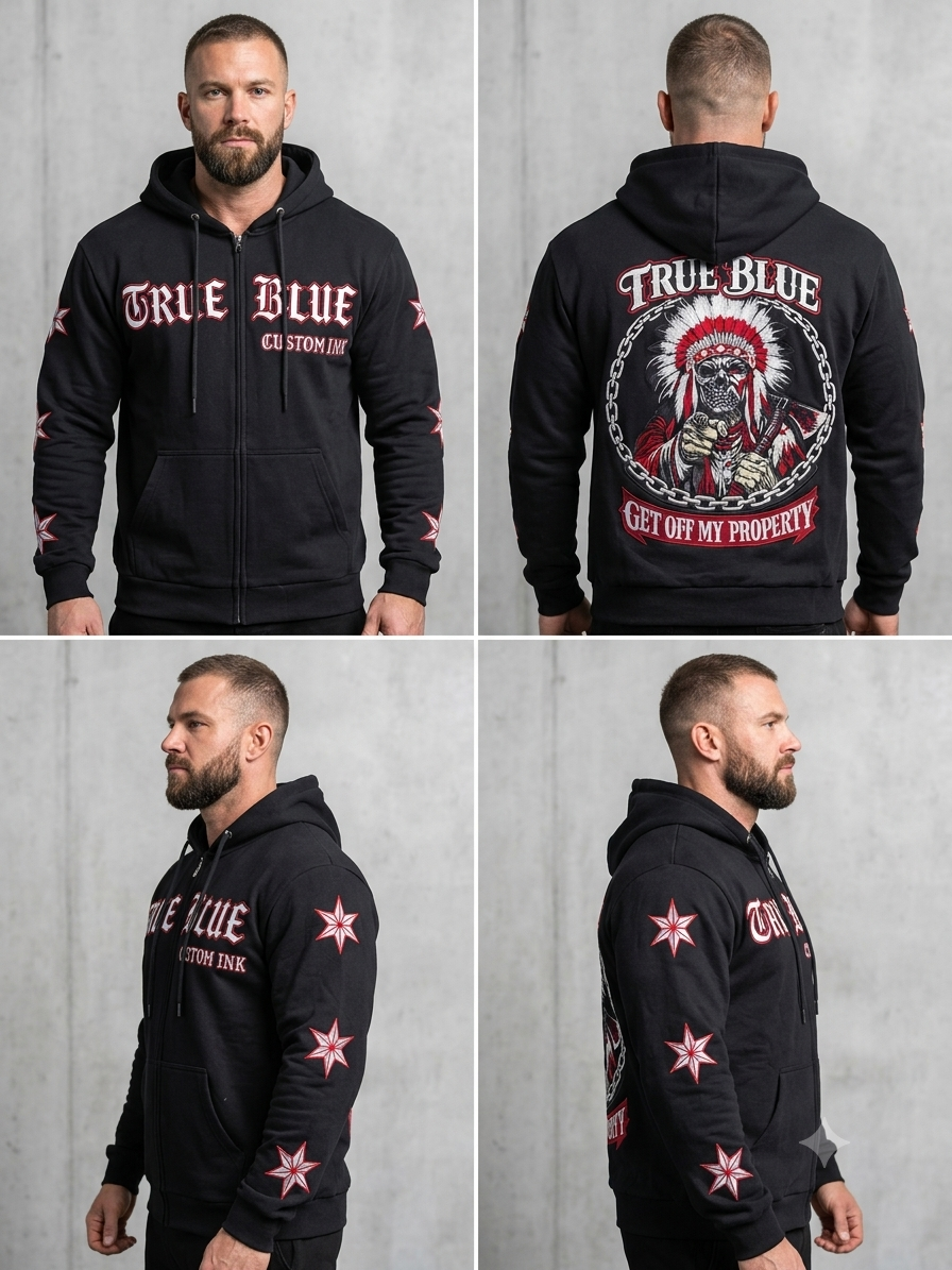 TRUE BLUE "OFF MY PROPERTY" PATCHED ZIP UP HOODIE