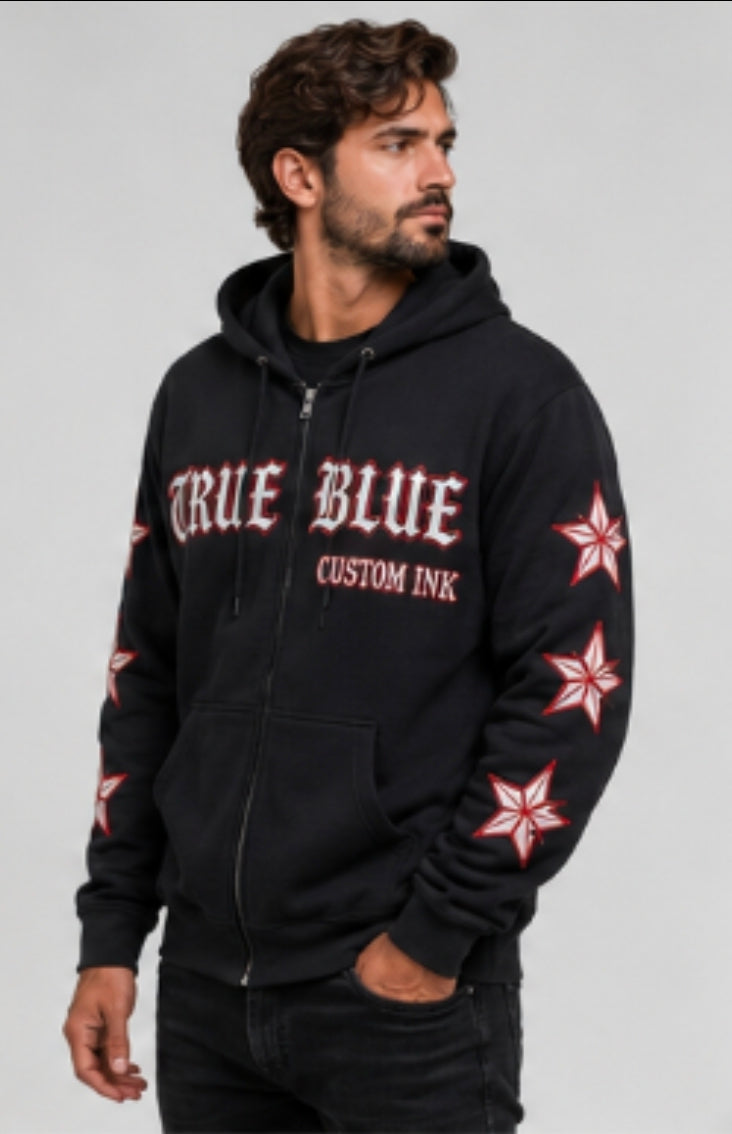 TRUE BLUE "YOUR HOLE OUR GOAL" PATCHED ZIP UP HOODIE
