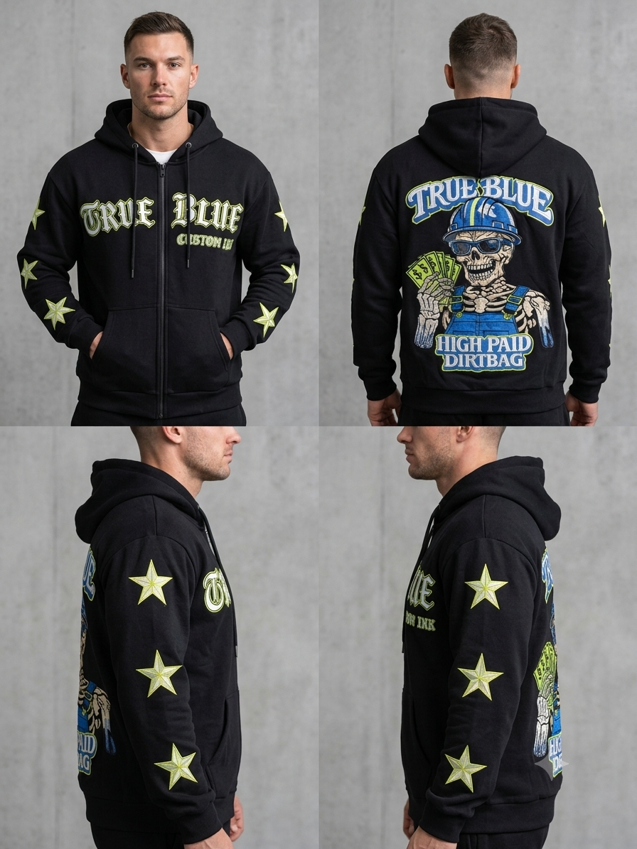 TRUE BLUE "HIGH PAID DIRTBAG" PATCHED ZIP UP HOODIE