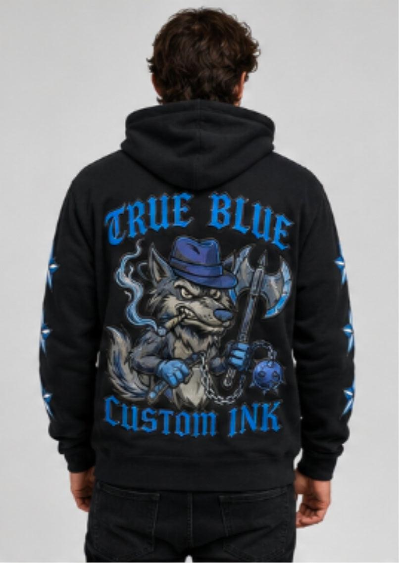 TRUE BLUE "LONE WOLF" PATCHED ZIP UP HOODIE