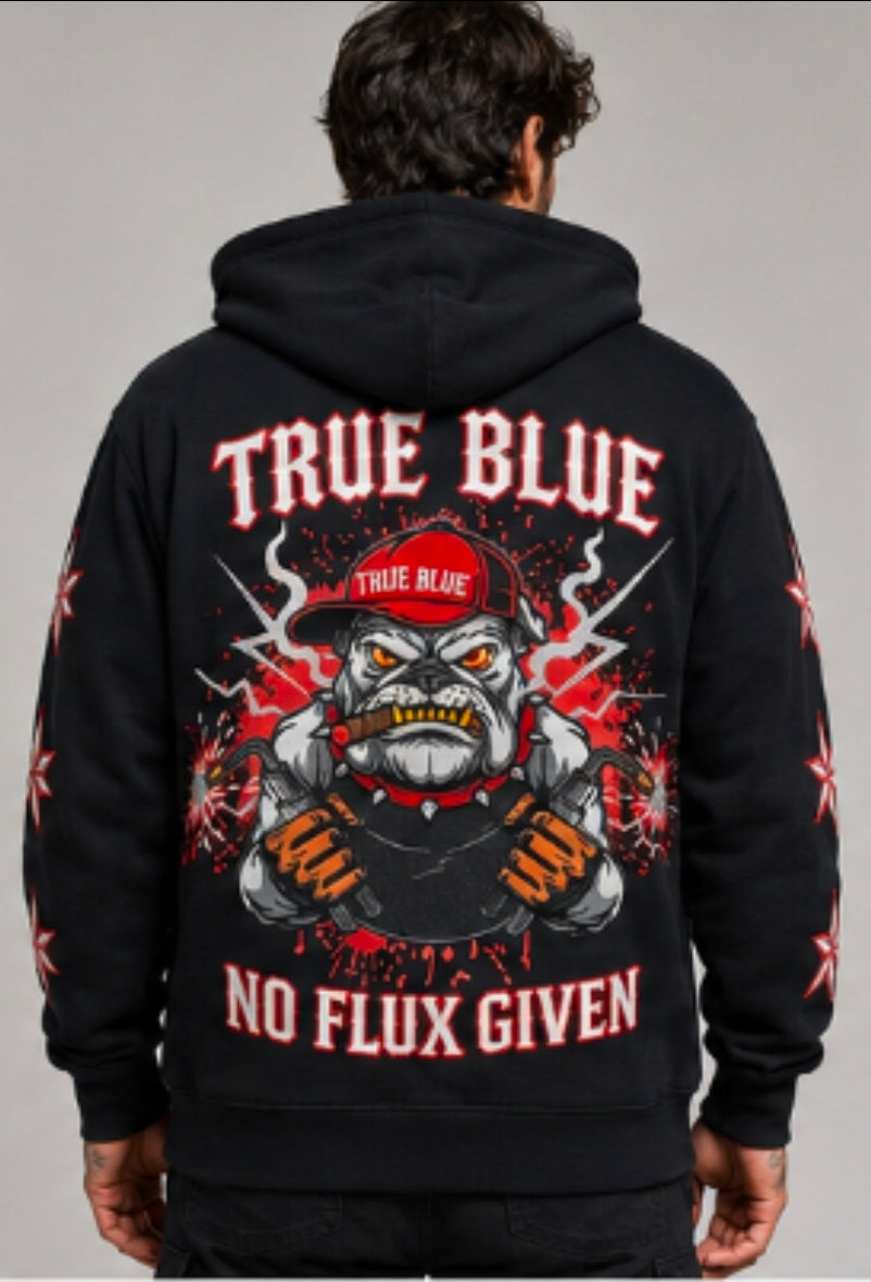 TRUE BLUE "NO FLUX GIVEN" PATCHED ZIP UP HOODIE