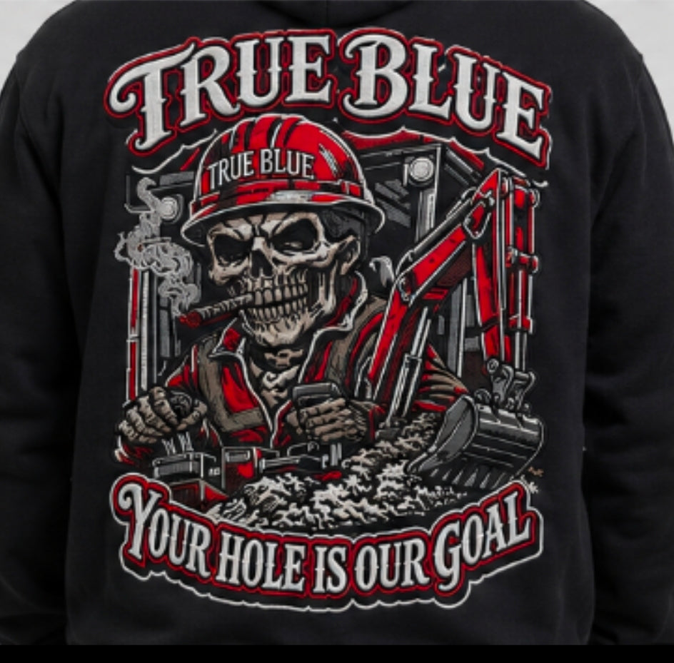 TRUE BLUE "YOUR HOLE OUR GOAL" PATCHED ZIP UP HOODIE