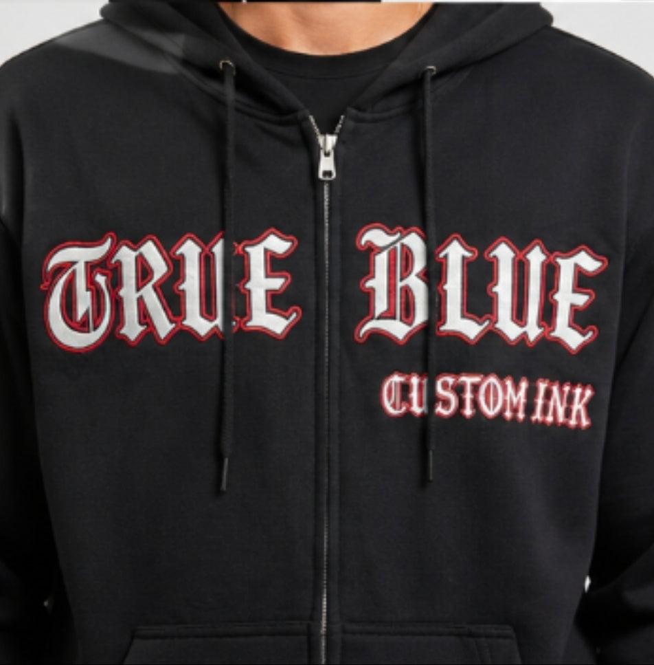 TRUE BLUE "OFF MY PROPERTY" PATCHED ZIP UP HOODIE