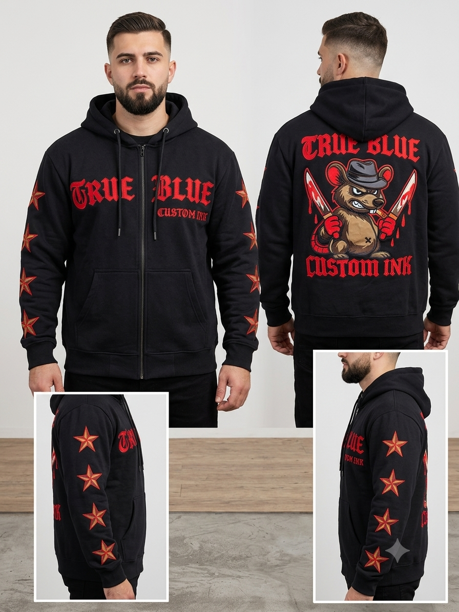 TRUE BLUE "RAT IT UP" PATCHED ZIP UP HOODIE