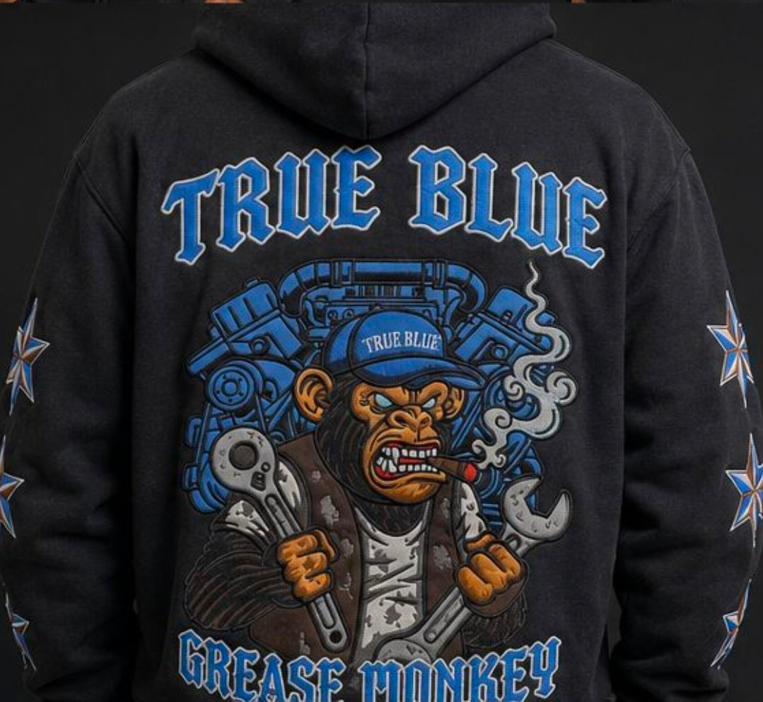 TRUE BLUE "GREASE MONKEY" PATCHED ZIP UP HOODIE