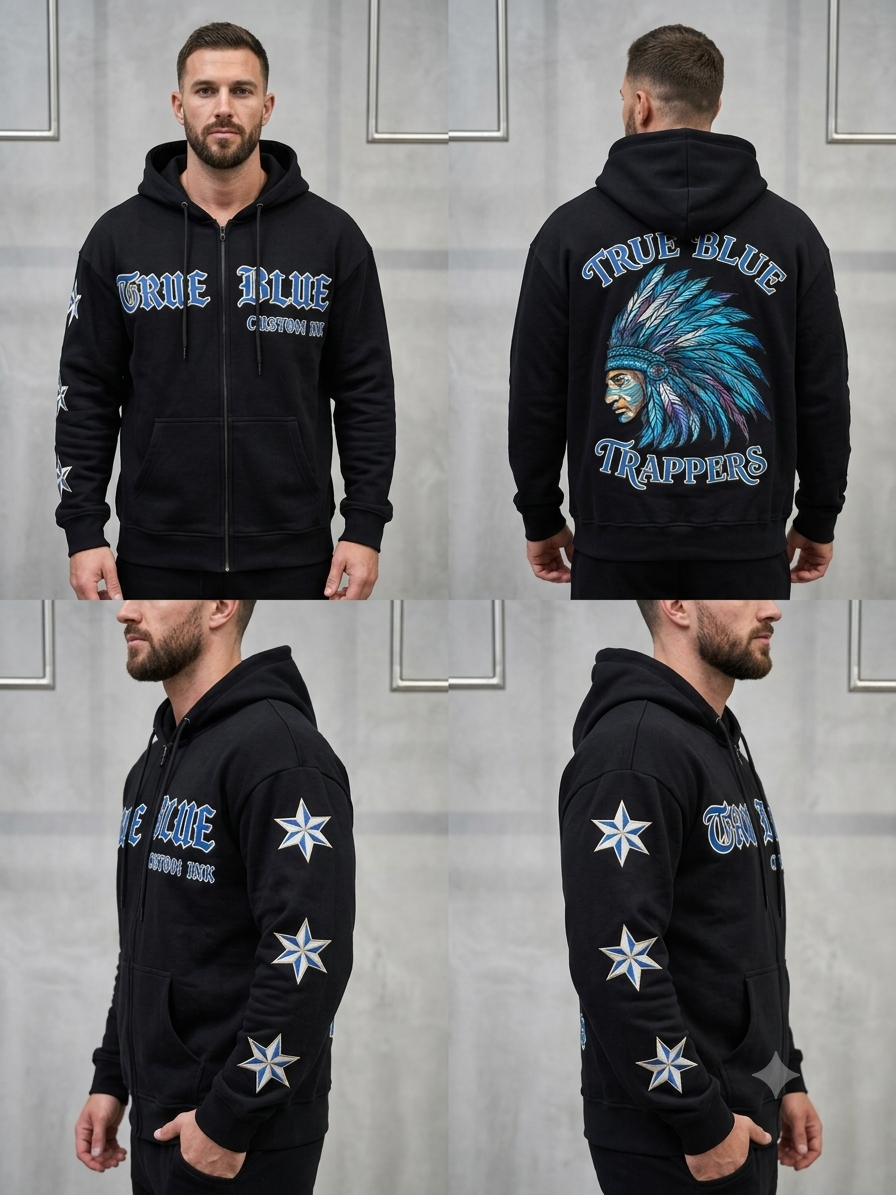 TRUE BLUE "TRAPPERS" PATCHED ZIP UP HOODIE