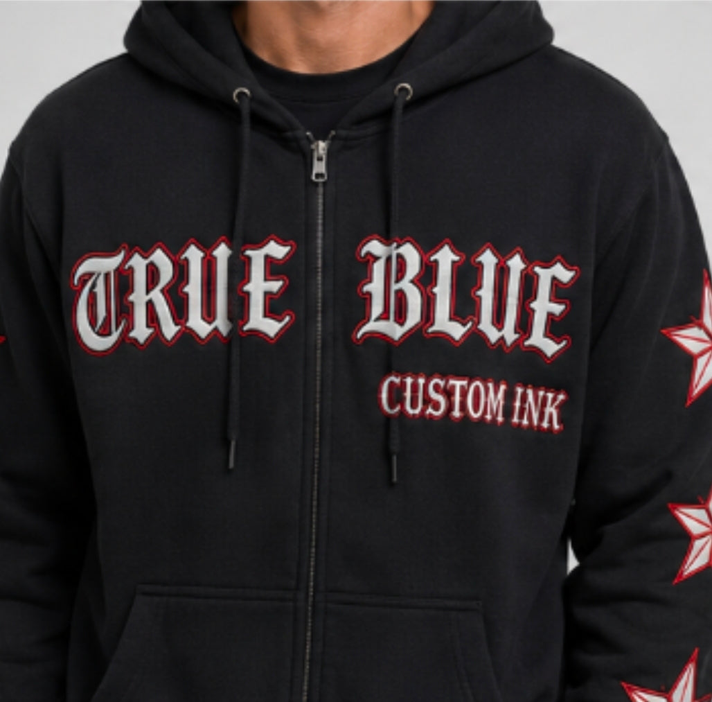 TRUE BLUE "YOUR HOLE OUR GOAL" PATCHED ZIP UP HOODIE