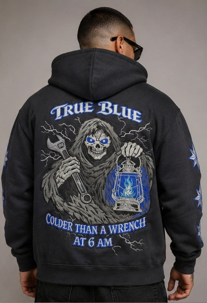 TRUE BLUE "COLDER THAN A WRENCH" PATCHED ZIP UP HOODIE