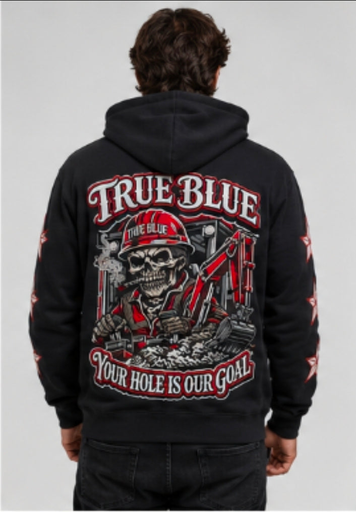 TRUE BLUE "YOUR HOLE OUR GOAL" PATCHED ZIP UP HOODIE