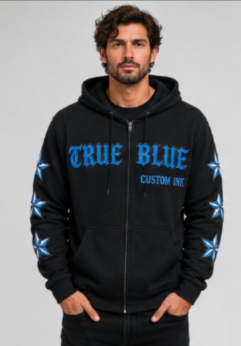 TRUE BLUE "LONE WOLF" PATCHED ZIP UP HOODIE