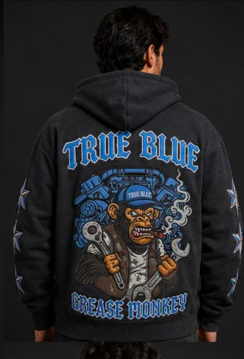 TRUE BLUE "GREASE MONKEY" PATCHED ZIP UP HOODIE