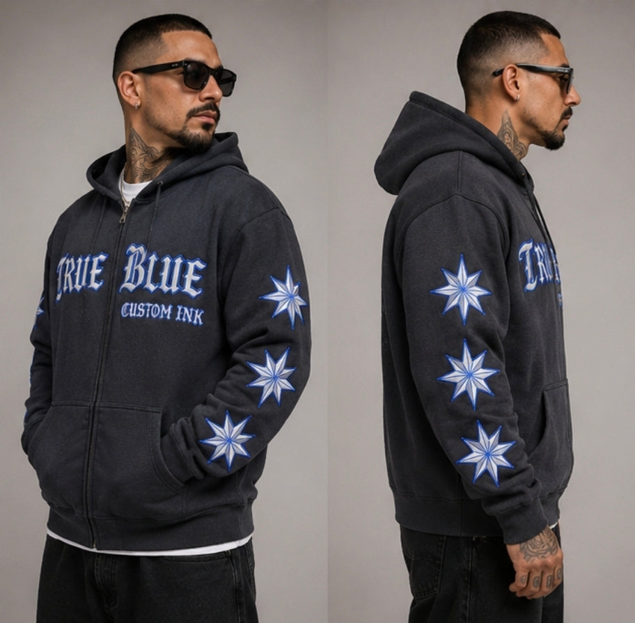 TRUE BLUE "COLDER THAN A WRENCH" PATCHED ZIP UP HOODIE