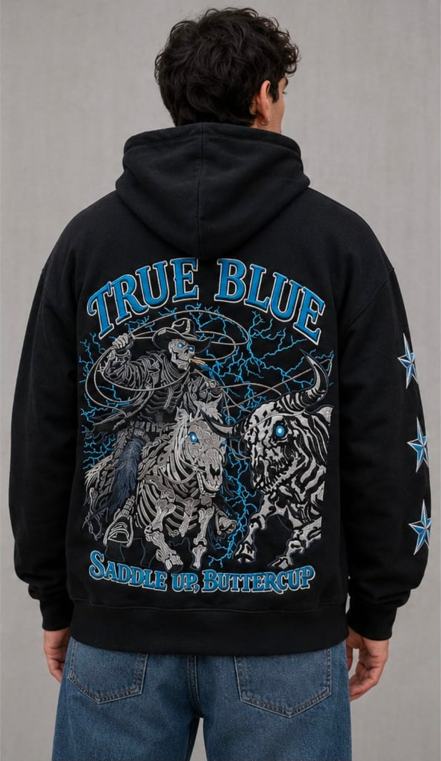TRUE BLUE "SADDLE IP, BUTTERCUP" PATCHED ZIP UP HOODIE