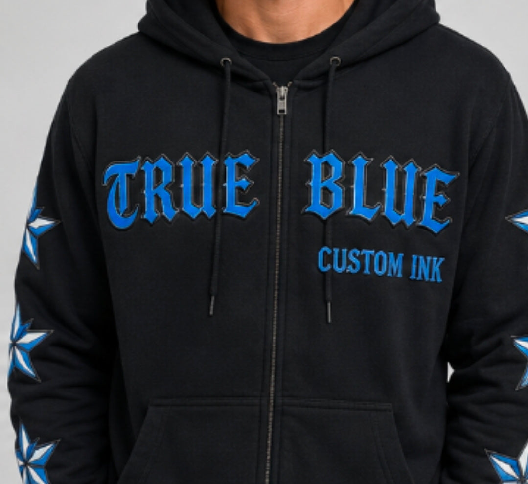 TRUE BLUE "LONE WOLF" PATCHED ZIP UP HOODIE